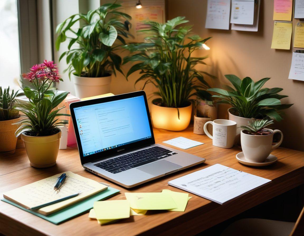 A serene and cozy workspace with a beautifully designed wooden desk, vibrant plants, and a glowing laptop, surrounded by colorful post-it notes and inspirational quotes on the walls. A steaming cup of coffee is placed beside a sketchbook filled with creative ideas. The scene conveys a sense of personal retreat and creative freedom. soft lighting. warm colors. inviting atmosphere.