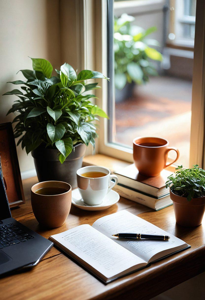 A serene and cozy workspace featuring a beautifully crafted wooden desk, soft natural lighting filtering through a window, a journal open with a fountain pen resting on it, a steaming cup of herbal tea beside it, and a potted plant adding a touch of greenery, inviting a sense of intimacy and reflection. watercolor illustration. warm tones. soft focus.