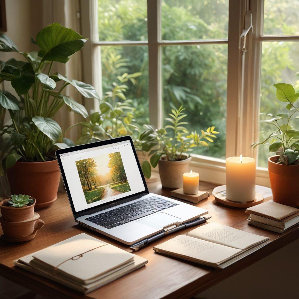 A serene and cozy workspace featuring an open laptop displaying a beautifully designed digital diary, surrounded by lush greenery, soft sunlight filtering through a window, and personal mementos like photos and notebooks. The atmosphere should evoke a sense of calm and introspection. watercolor painting. warm tones. gentle lighting.